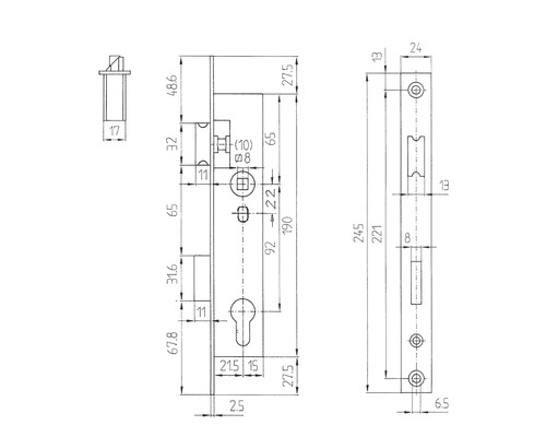 Technische Zeichnung eines Türschlosses mit Maßangaben