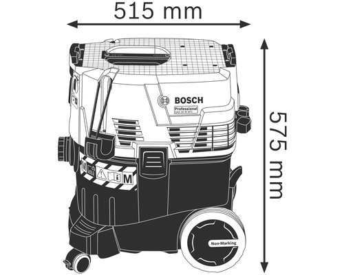 Aspirateur industriel Bosch avec des dimensions de 515 mm de largeur et 575 mm de hauteur.