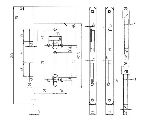 Schéma technique d''une serrure de porte avec indication des dimensions