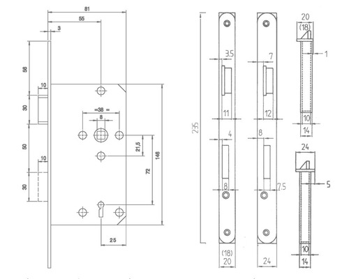 Technische Zeichnung eines Türschlosses mit Maßen.