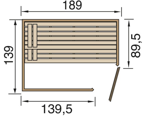 Technische Zeichnung einer Sauna mit Maßangaben