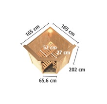Ecksauna mit den Maßen 165 cm mal 165 cm mal 202 cm und einer Türbreite von 65,6 cm