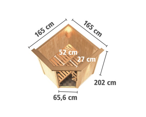 Dimensions d''un sauna d''angle avec porte et banc en bois