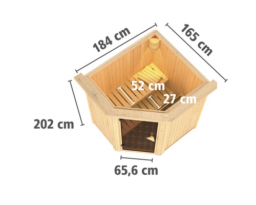 Ecksauna mit den Maßen 165 cm, 184 cm und 202 cm aus Holz