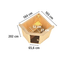 Sauna d''angle avec des dimensions de 165 cm, 184 cm et 202 cm.
