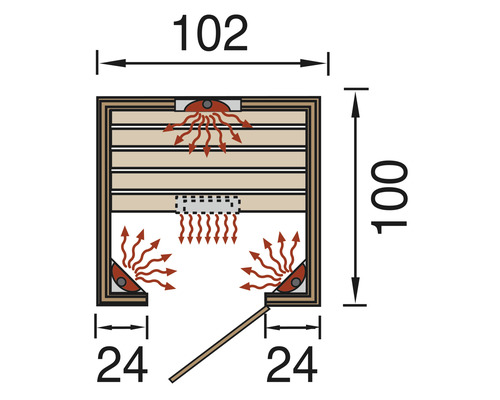 Technische Zeichnung einer Sauna mit Maßangaben