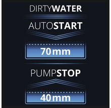 Symbole pour eau sale Démarrage automatique à 70 millimètres et arrêt de la pompe à 40 millimètres