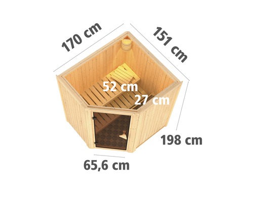 Ecksauna mit den Maßen 170 cm, 151 cm, 198 cm und 65,6 cm sowie einer Bank von 52 cm und 27 cm