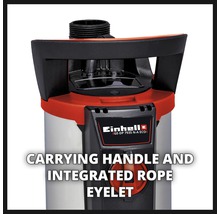 Logo Einhell. Poignée de transport et oeillet de câble intégré d''une pompe submersible.