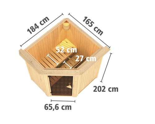 Holzsauna mit den Maßen 184 cm, 165 cm, 202 cm und 65,6 cm