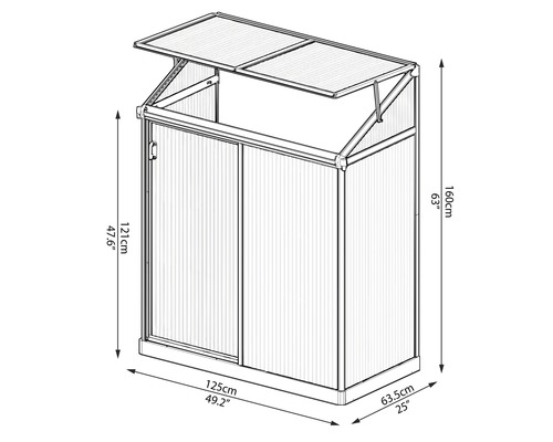 Technische Zeichnung eines Gerätehauses mit Schiebetür und aufklappbarem Dach zur Darstellung der Abmessungen