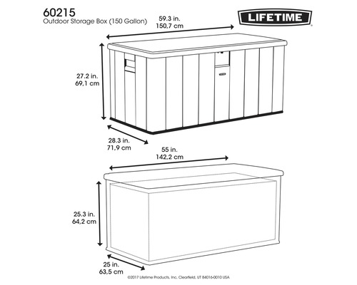 Abbildung einer Gartenbox mit Maßangaben und Lifetime Logo.