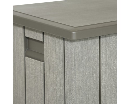 Detailansicht einer grauen Gartenbox mit Holzoptik