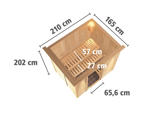 Dimensions d''un sauna en bois : 210 cm de large, 165 cm de profondeur, 202 cm de haut, largeur de porte de 65,6 cm, marches de banc de 57 cm et 27 cm de profondeur.