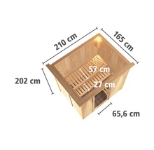 Abmessungen einer Holzsauna: 210 cm breit, 165 cm tief und 202 cm hoch