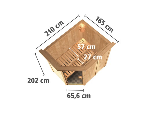 Sauna d''angle avec dimensions : 210 cm, 165 cm, 202 cm, 65,6 cm, 57 cm et 27 cm.