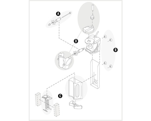 Schéma éclaté d''un système de nettoyage avec les pièces A, B, C et D.