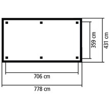 Technische Zeichnung einer rechteckigen Terrassenüberdachung mit den Maßen 359 Zentimeter mal 706 Zentimeter.