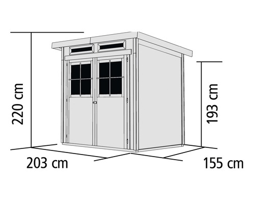 Illustration eines Gerätehauses mit Maßangaben: Höhe 220 cm, Seitenhöhe 193 cm, Breite 203 cm, Tiefe 155 cm.