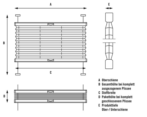 Schéma technique d''un store plissé avec indication des dimensions du rail supérieur, de la hauteur totale, de la largeur du tissu, de la hauteur du paquet et de la profondeur du produit.