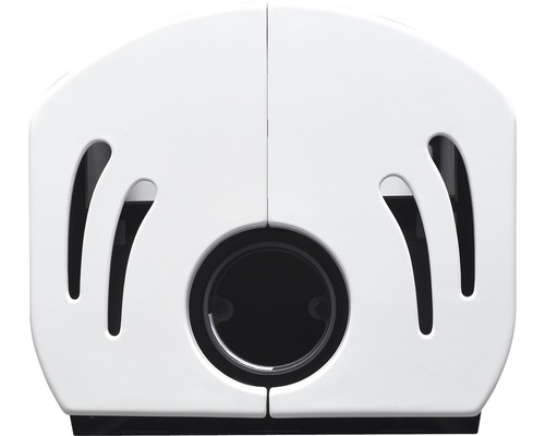 Frontansicht einer weißen Elektroauto-Ladestation mit Aussparungen