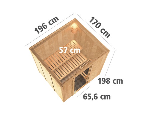 Sauna avec dimensions : 196 cm, 170 cm, 198 cm, 65,6 cm et 57 cm.