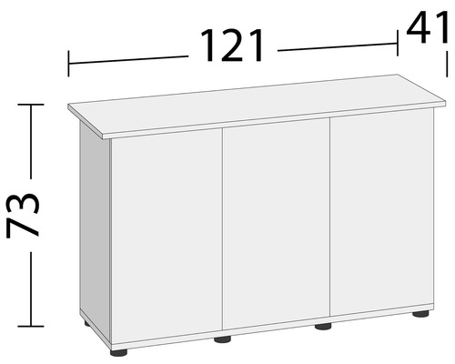 Illustration d''un meuble bas avec trois portes et indications de dimensions