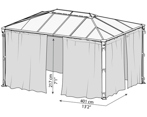 Abbildung eines Pavillons mit Vorhängen und Maßangaben