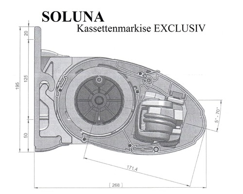 Dessin technique d''un store cassette Soluna Exclusiv avec indications de dimensions