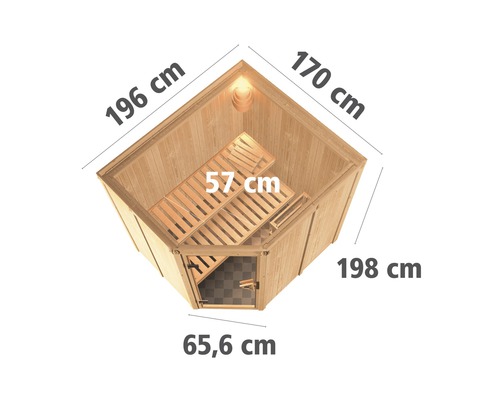 Vue de dessus d''un sauna d''angle avec dimensions.