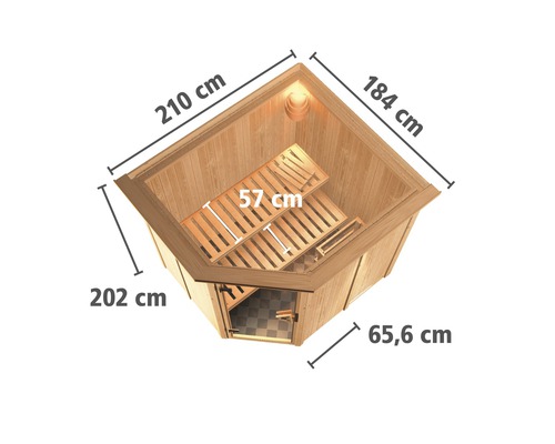 Image d''un sauna d''angle avec indications de dimensions.