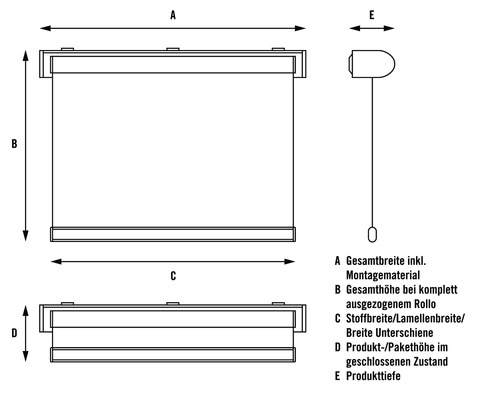 Technische Zeichnung eines Rollos mit Maßangaben