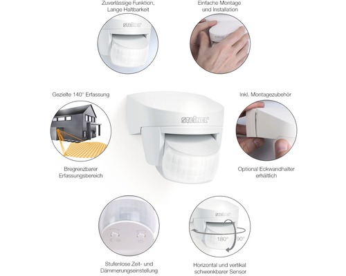 Steinel Bewegungsmelder mit Montagezubehör, 140 Grad Erfassung und horizontal sowie vertikal schwenkbarem Sensor