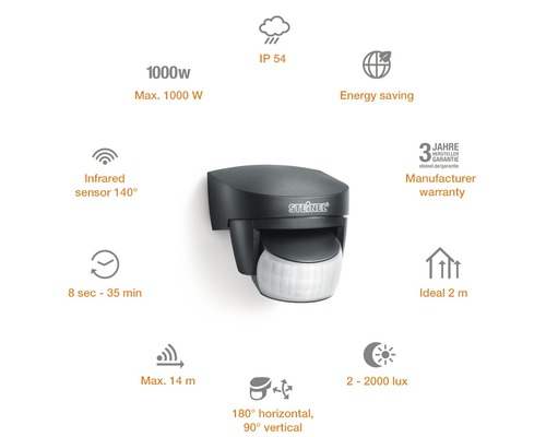 Détecteur de mouvement Steinel avec capteur infrarouge, angle de détection de 140 degrés, indice de protection IP 54