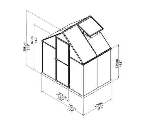 Technische Zeichnung eines Gewächshauses mit Maßangaben