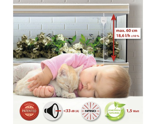 Aquarium mit Baby und Kätzchen, maximale Höhe 60 Zentimeter, 18,6 Liter pro Stunde, Patentiert Produkt, geringe Lautstärke unter 33 Dezibel, Nano, Energiesparsam, 1,5 Watt