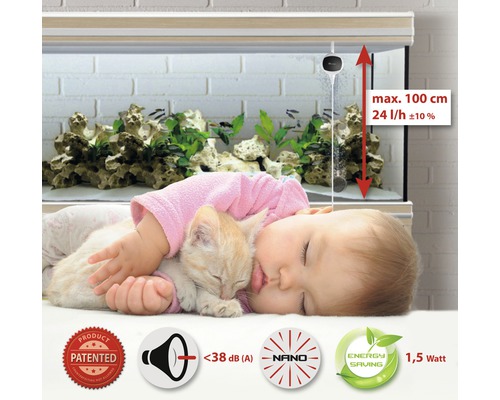 Aquarium mit Luftpumpe, maximal 100 cm Höhe, 24 Liter pro Stunde, patentiertes Produkt, weniger als 38 Dezibel, Nano, Energiesparfunktion und 1,5 Watt