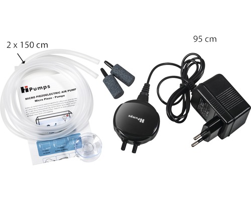 Hi Pumps Mikro Piezo Aquariumluftpumpe mit Luftschlauch, Ausströmer und Netzteil