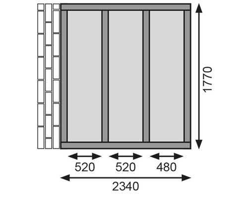 Technische Zeichnung einer Wand mit den Maßen 2340 mal 1770 Millimeter