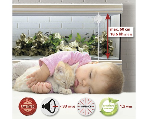 Aquarium mit Baby und Katze, maximale Höhe 60 Zentimeter, 18,6 Liter pro Stunde, Produkt patentiert, weniger als 33 Dezibel, Nano, energiesparend, 1,5 Watt