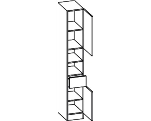 Image d''une armoire de salle de bains avec tiroir et plusieurs étagères