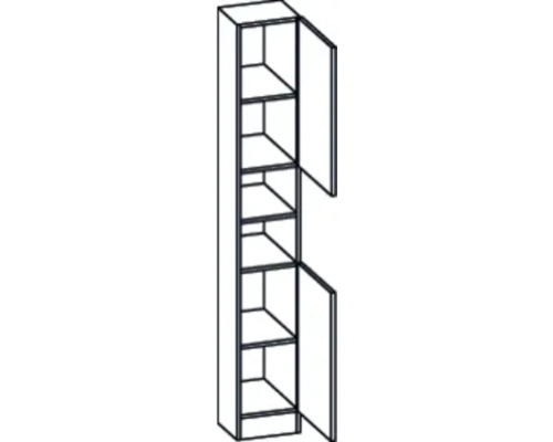 Armoire haute étroite avec plusieurs étagères et deux portes pivotantes ouvertes.