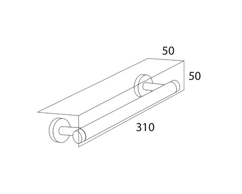 Technische Zeichnung eines Handtuchhalters mit Regal und Maßangaben