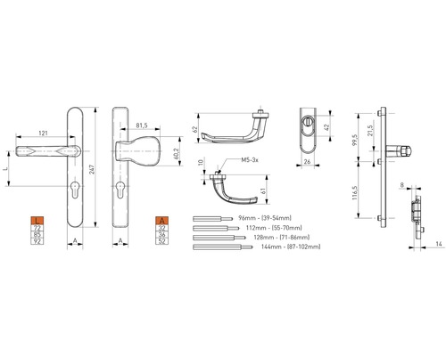 Technische Zeichnung eines Türgriffs mit Maßangaben