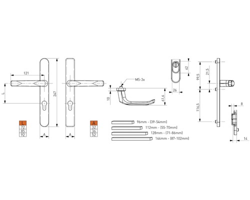 Technische Zeichnung eines Türgriffs mit Maßangaben