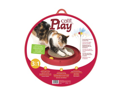 Jouet pour chat Catit Play avec griffoir dans un emballage rouge.