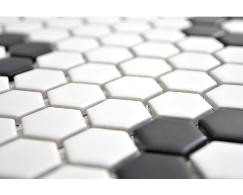Mosaikfliesen in Hexagonform, schwarz und weiß
