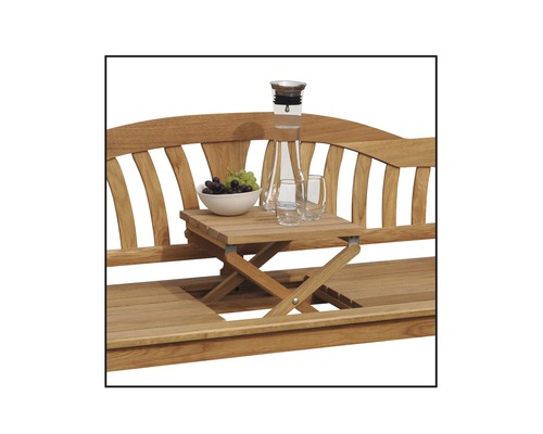 Banc de jardin avec table pliante, carafe, verres et coupe de fruits