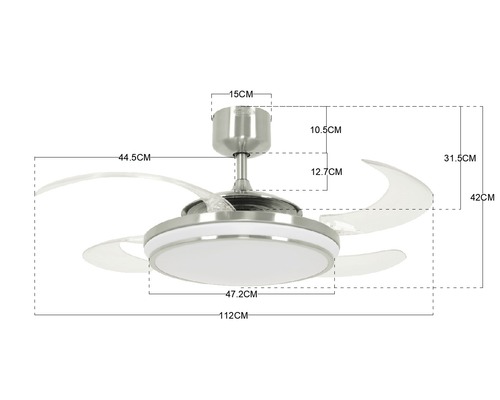 Ventilateur de plafond avec éclairage et indications de dimensions