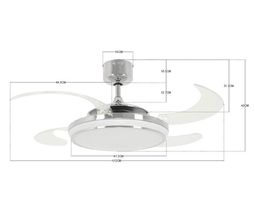 L''image montre un ventilateur de plafond avec éclairage LED et indications de taille.